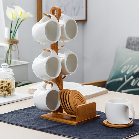 Six-piece Ceramic Cup Set & Bamboo and Wooden Stand with Coasters