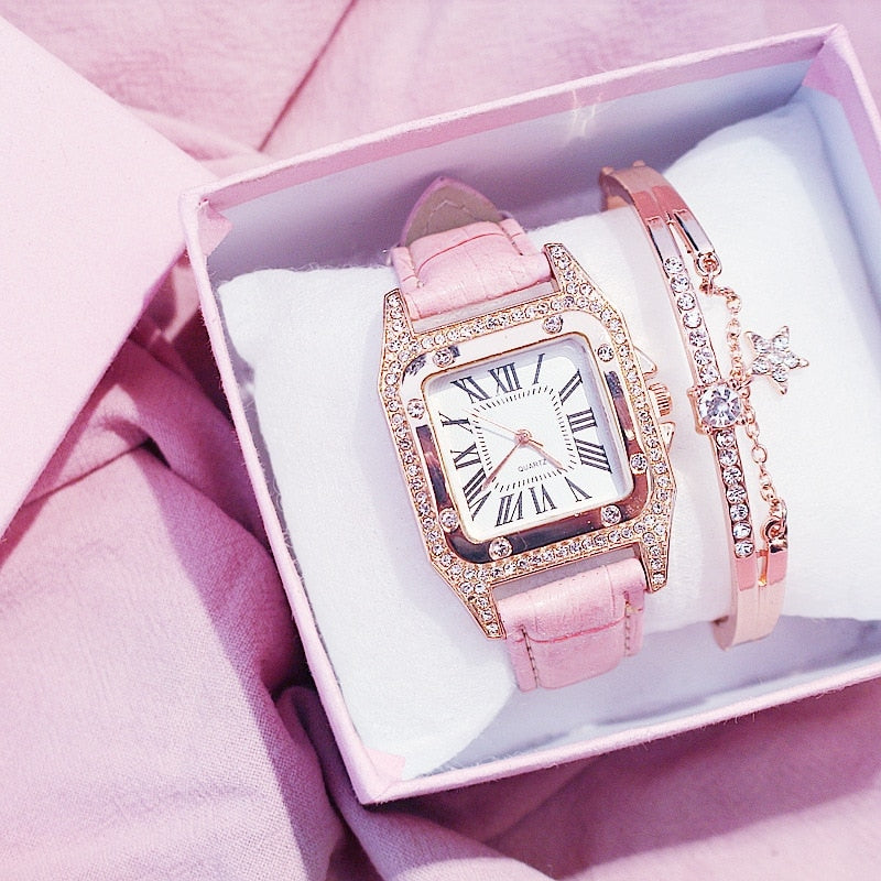 2Pcs Set Women Diamond & Quartz Watch and Bracelet