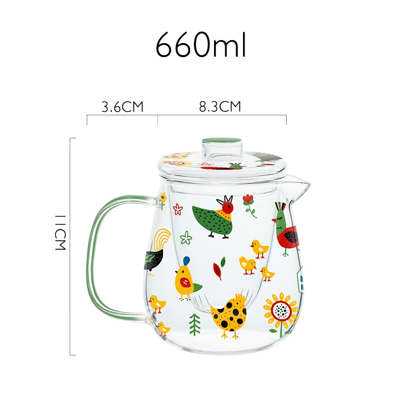 Chicken and Turtle Printed Style Glass Teapot and Tea Cup Set