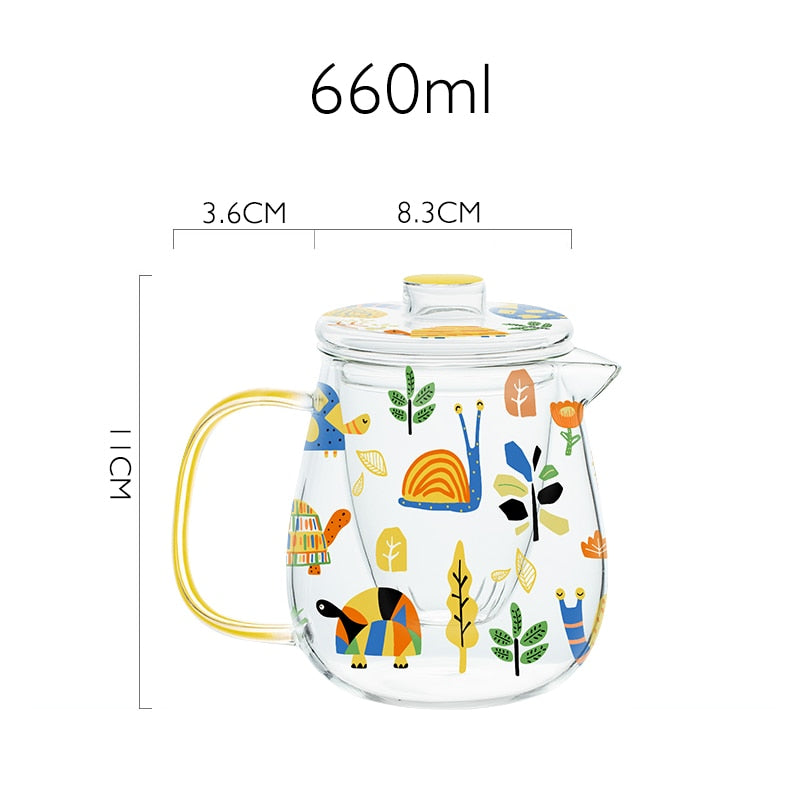 Chicken and Turtle Printed Style Glass Teapot and Tea Cup Set