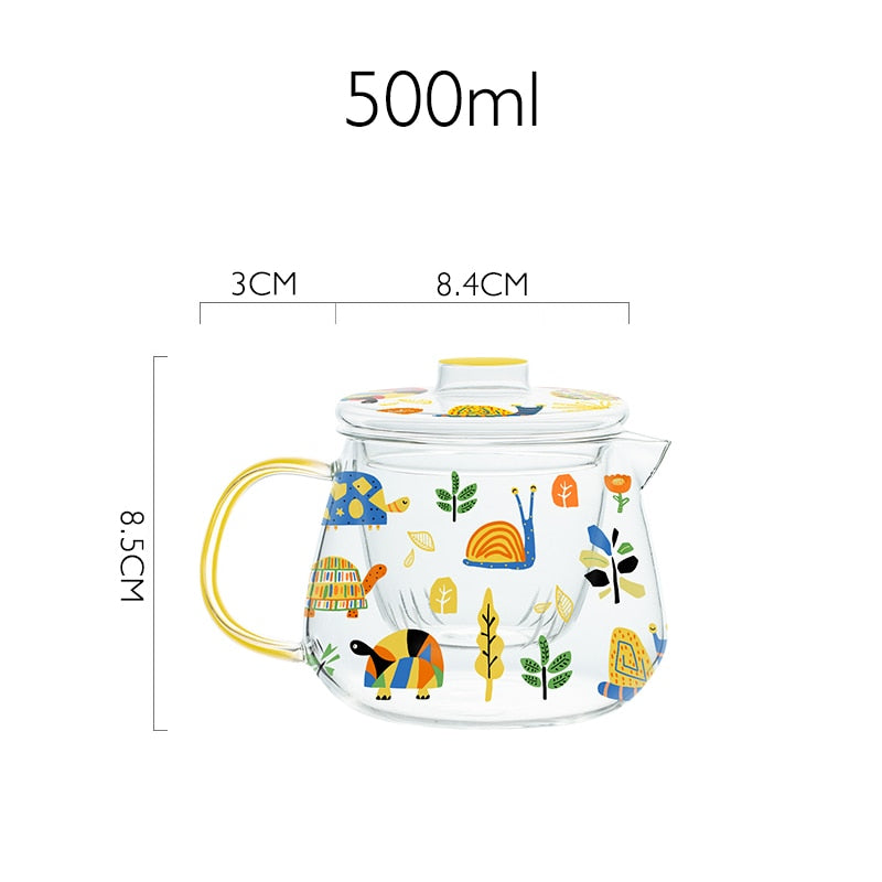 Chicken and Turtle Printed Style Glass Teapot and Tea Cup Set