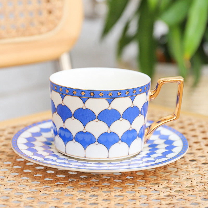 Elegant Blue Pattern Collection Porcelain Tea Cup and Saucer Set 250ml