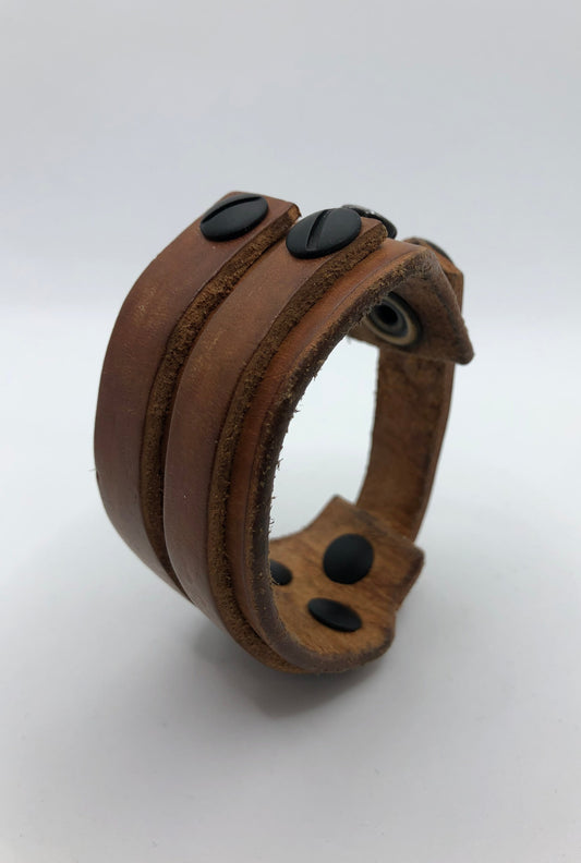 House of Cato Dune - Smokey Wood Tan Leather Wristband with Black Screws