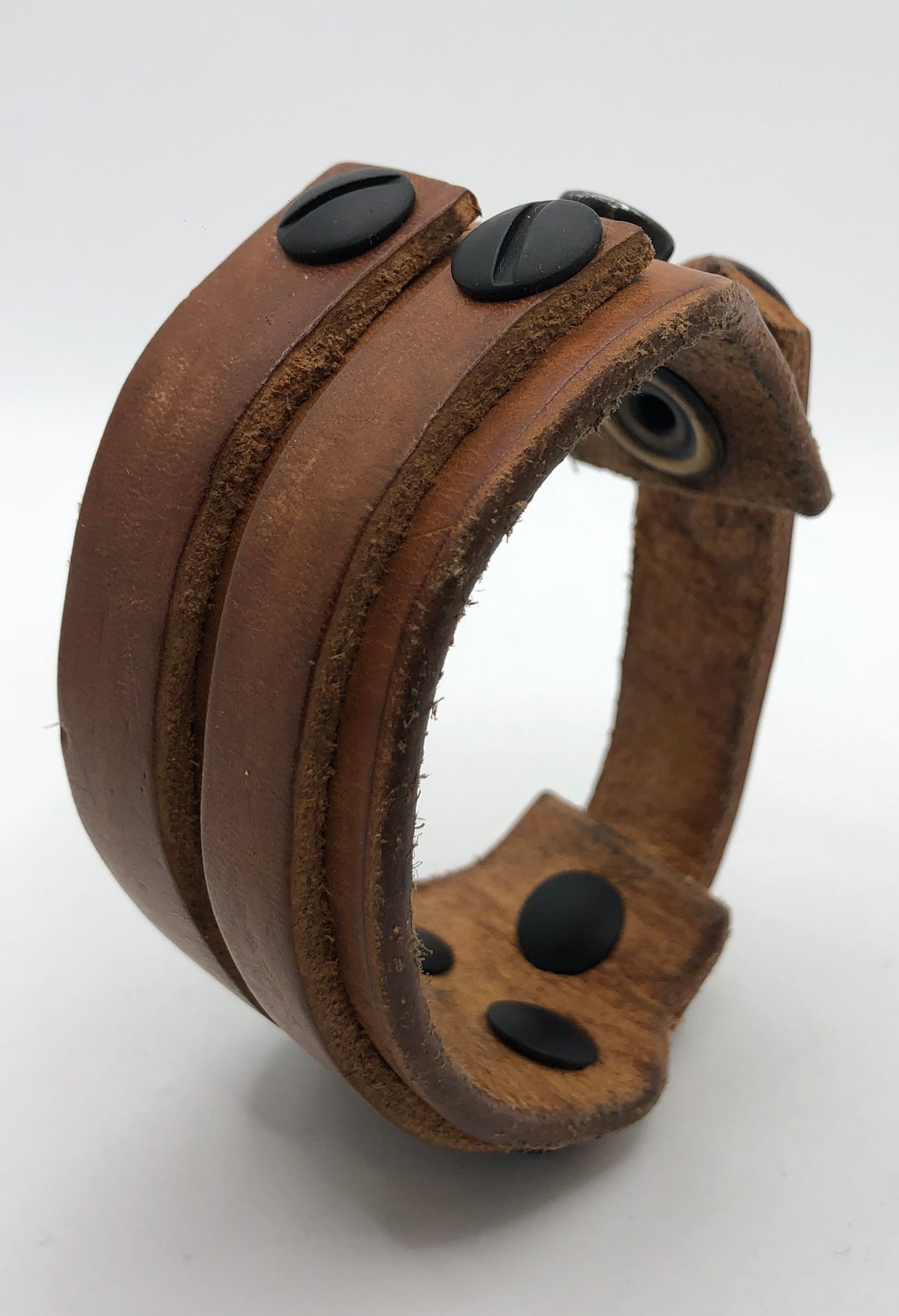 House of Cato Dune - Smokey Wood Tan Leather Wristband with Black Screws