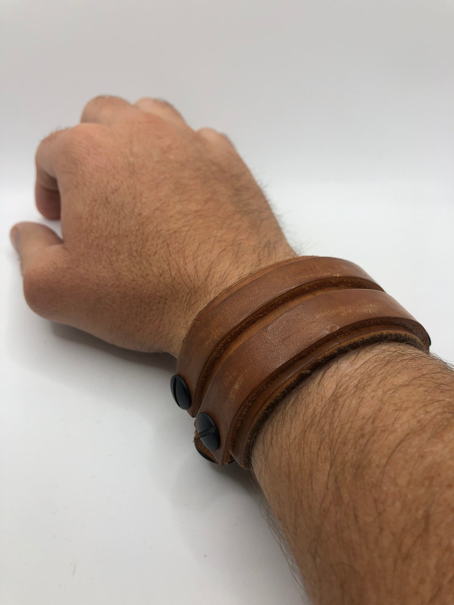 House of Cato Dune - Smokey Wood Tan Leather Wristband with Black Screws