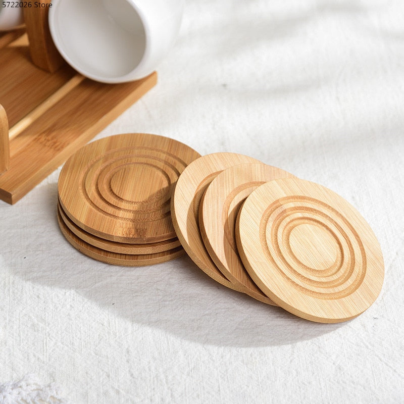 Six-piece Ceramic Cup Set & Bamboo and Wooden Stand with Coasters