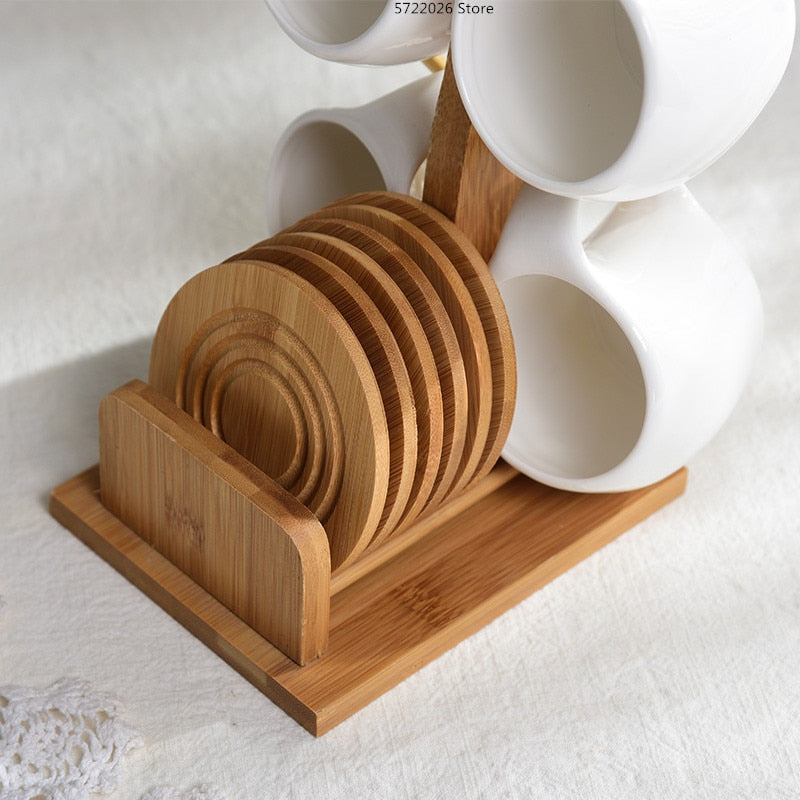 Six-piece Ceramic Cup Set & Bamboo and Wooden Stand with Coasters