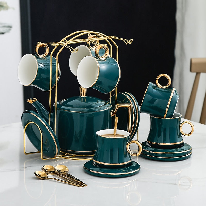 Gold Trim Green Ceramics Tea Set